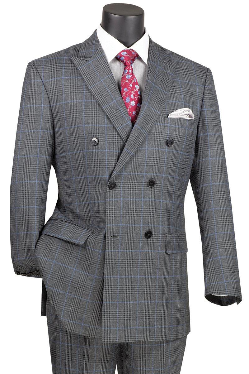 Double-Breasted Charcoal Windowpane Plaid Suit by Vinci - Elegant Mensattire