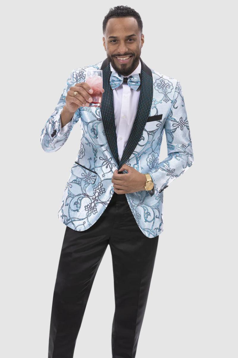 EJ Samuel Aqua Blue Wide Brocade Prom Tuxedo Jacket - Elegant Mensattire