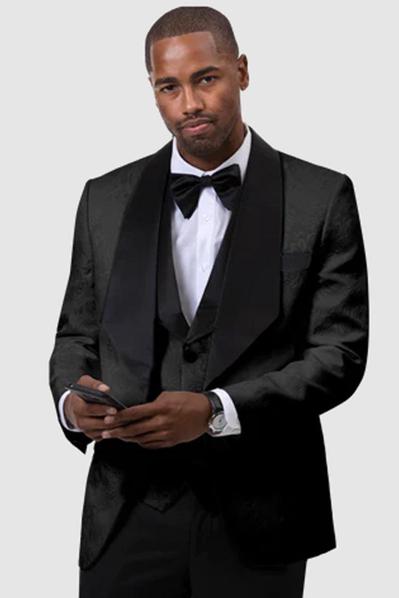 EJ Samuel Black Shawl-Vested Paisley Tuxedo: Perfect for Weddings & Proms - Elegant Mensattire