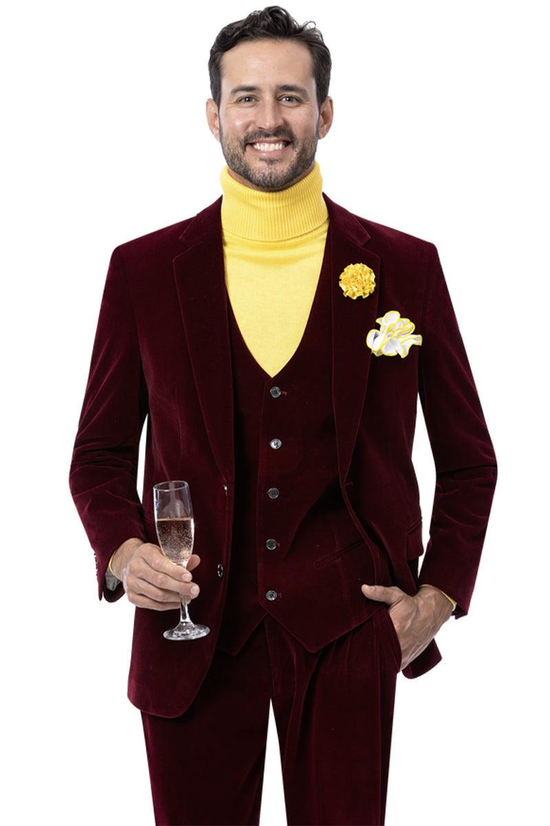 "EJ Samuel Burgundy Velvet Vested Men's Suit: Classic 2-Button Design" - Elegant Mensattire