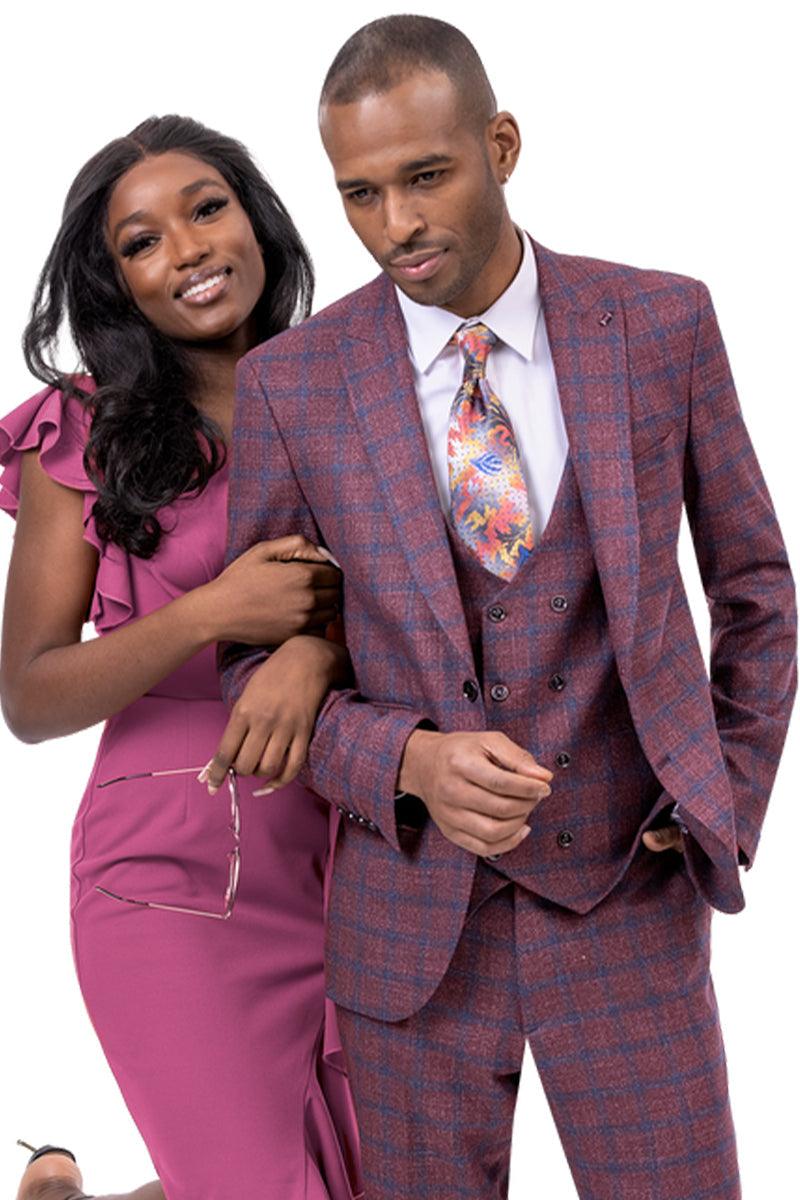 EJ Samuel Classic Peak Lapel Vested Suit in Burgundy Windowpane Plaid - Elegant Mensattire