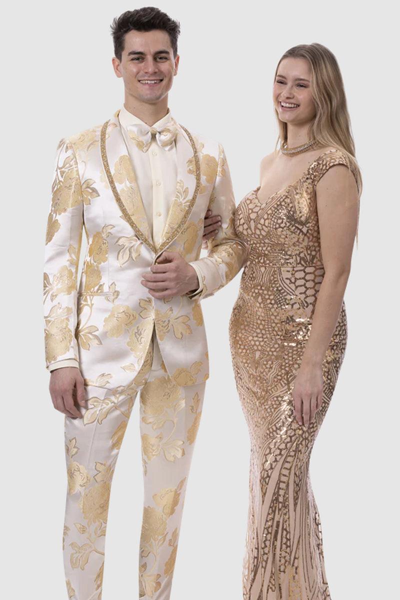 "EJ Samuel Ivory & Gold Slim-Fit Paisley Tuxedo: The Perfect Wedding Statement" - Elegant Mensattire