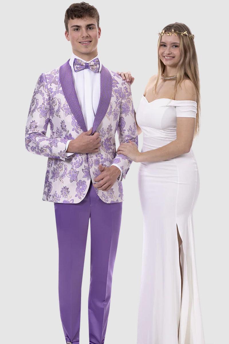 EJ Samuel Lavender Paisley Prom Tuxedo, Slim Fit with Studded Lapel - Elegant Mensattire