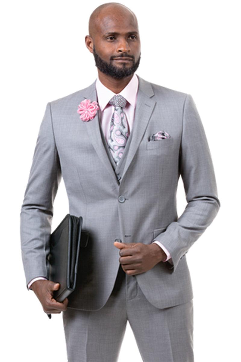 "EJ Samuel Light Grey Sharkskin Weave Vested Business Suit" - Elegant Mensattire