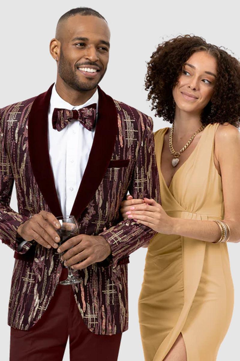 EJ Samuel Men's Burgundy Burgate Tux Blazer with Gold Sequin & Velvet Trim - Elegant Mensattire