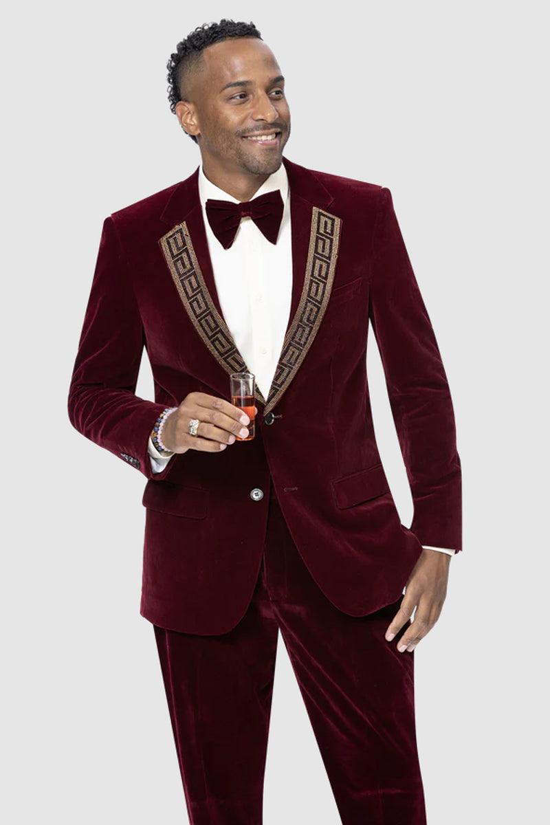 EJ Samuel Men's Burgundy Modern Fit Velvet Tuxedo with Gold Sequin Lapel - Elegant Mensattire