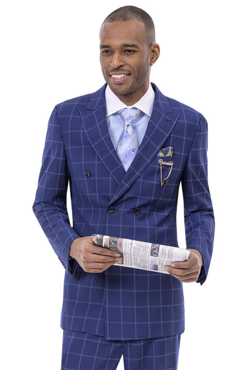 EJ Samuel Men's Classic Navy Windowpane Double Breasted Pleated Pant Suit - Elegant Mensattire