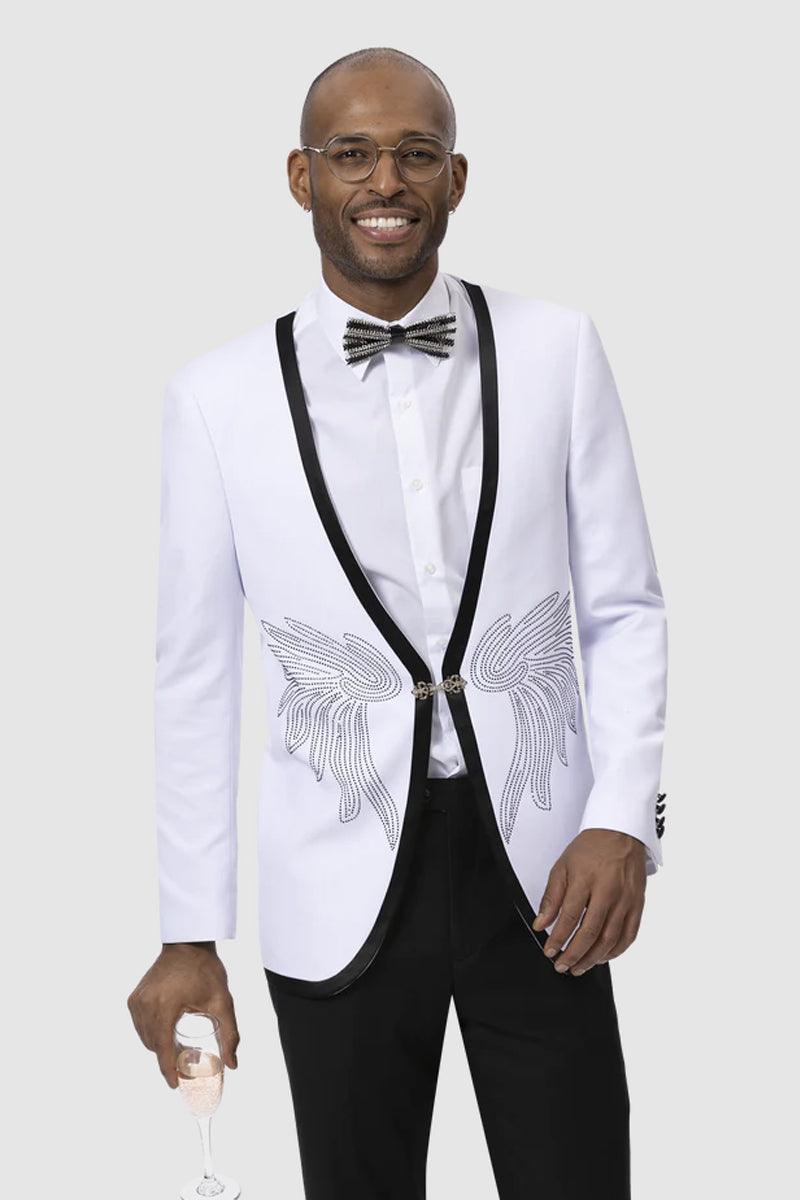 "EJ Samuel Men's Collarless White Tux Jacket w/ Diamond Wing Studs & Black Trim" - Elegant Mensattire