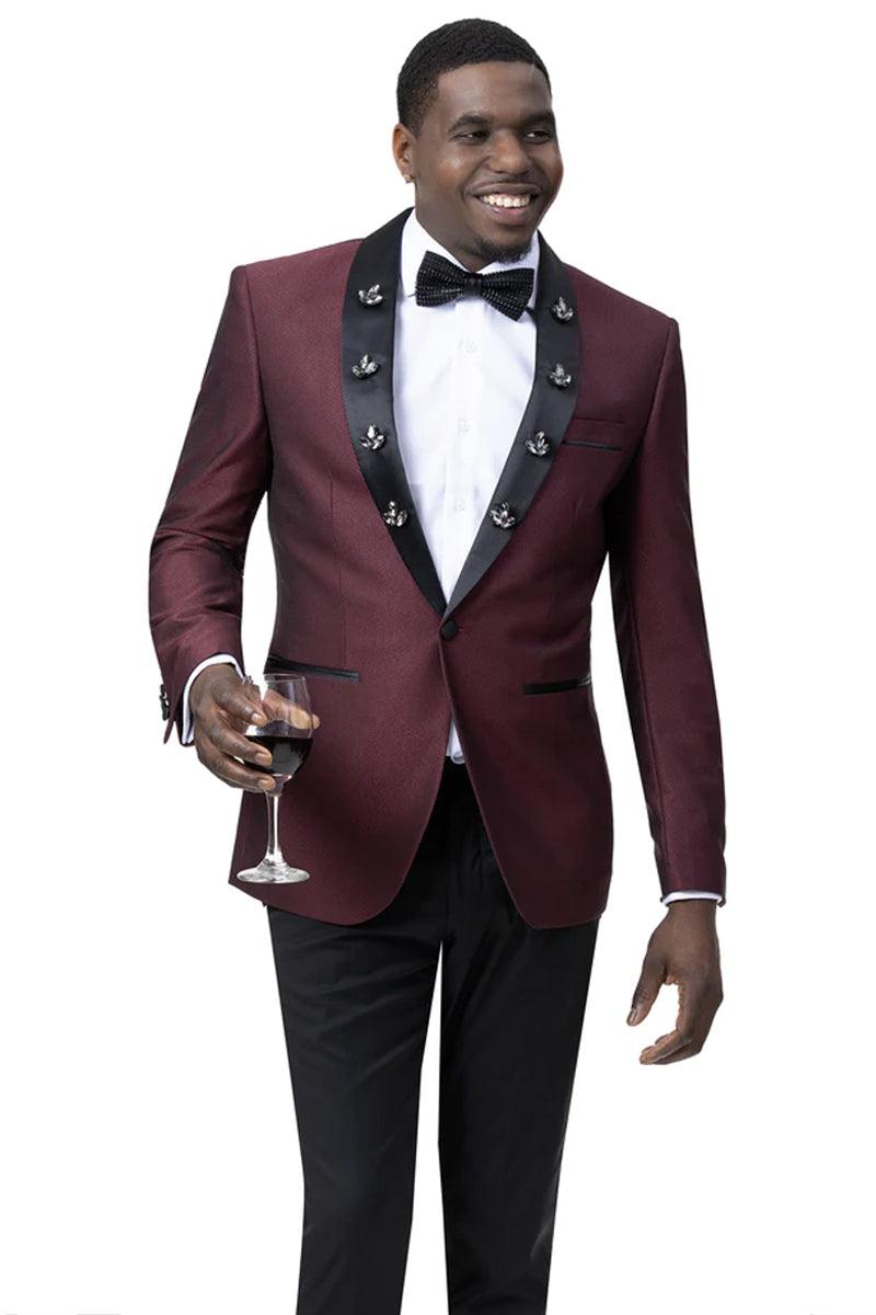 "EJ Samuel Men's Diamond-Embellished Burgundy 1-Button Shawl Tuxedo" - Elegant Mensattire