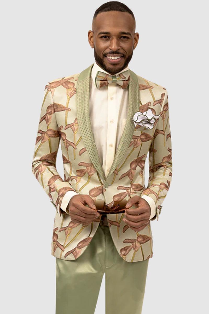 EJ Samuel Men's Floral Tuxedo: Beige & Fern Green - Elegant Mensattire