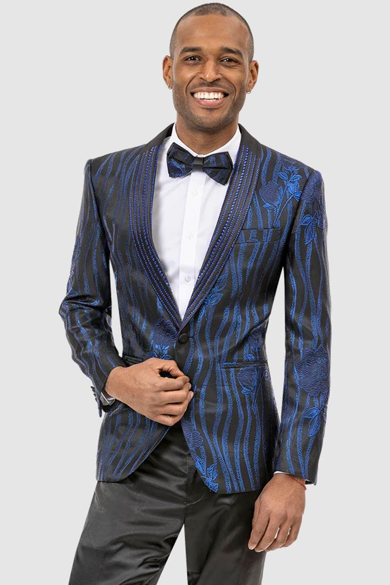 "EJ Samuel Men's Floral-Wave Tuxedo: Classy Blend of Modern Style in Black & Royal Blue" - Elegant Mensattire