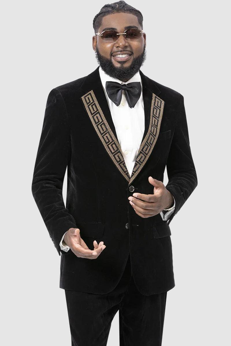 EJ Samuel Men's Modern Fit Velvet Tux w/Gold Sequin Lapel in Black - Elegant Mensattire