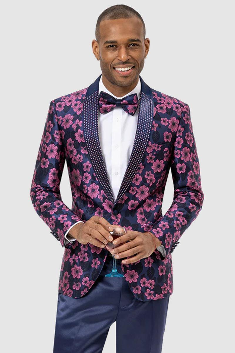 "EJ Samuel Men's Navy Floral Studded Tuxedo Blazer" - Elegant Mensattire