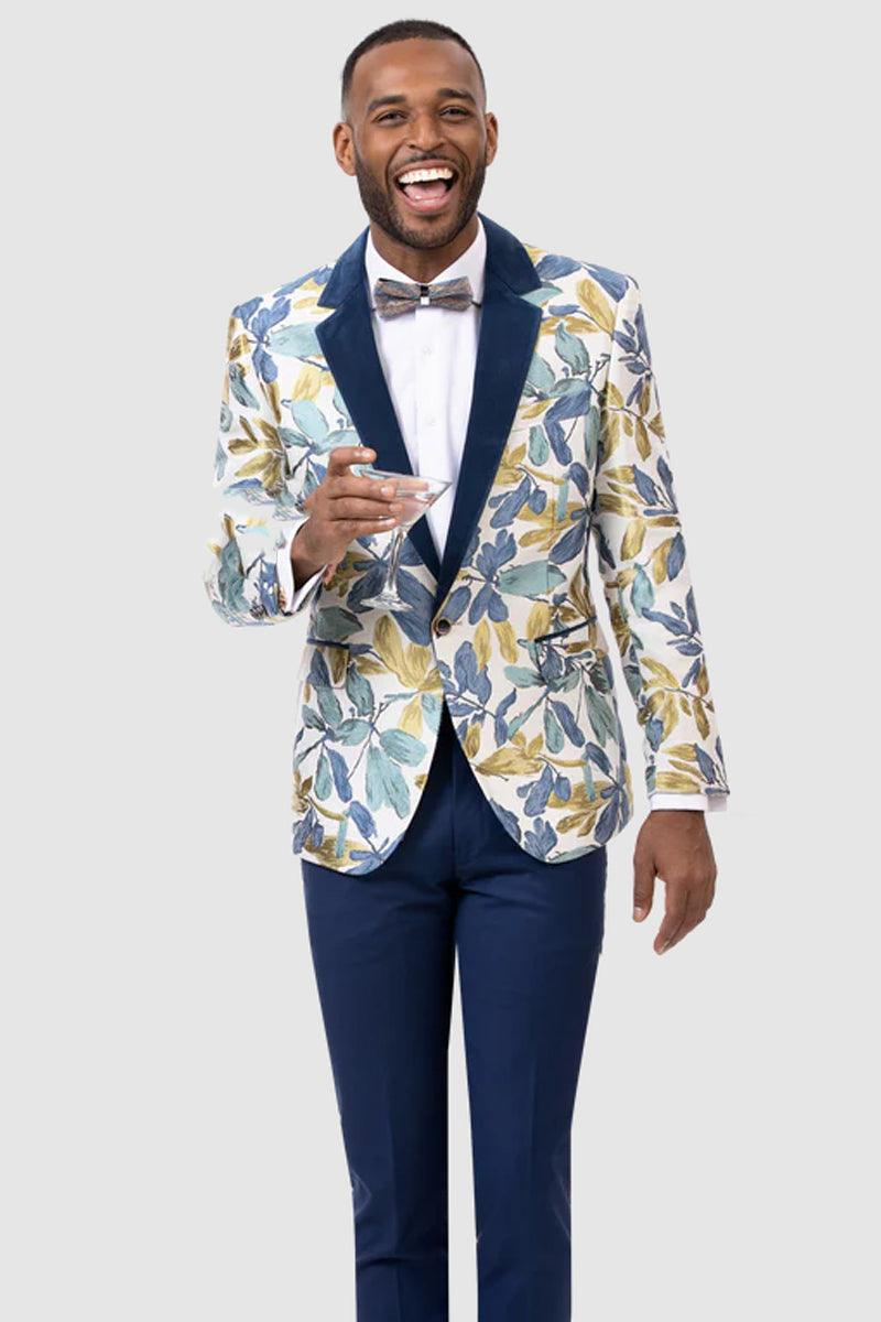 EJ Samuel Men's Navy Velvet Floral Tuxedo Jacket with Single Button - Elegant Mensattire