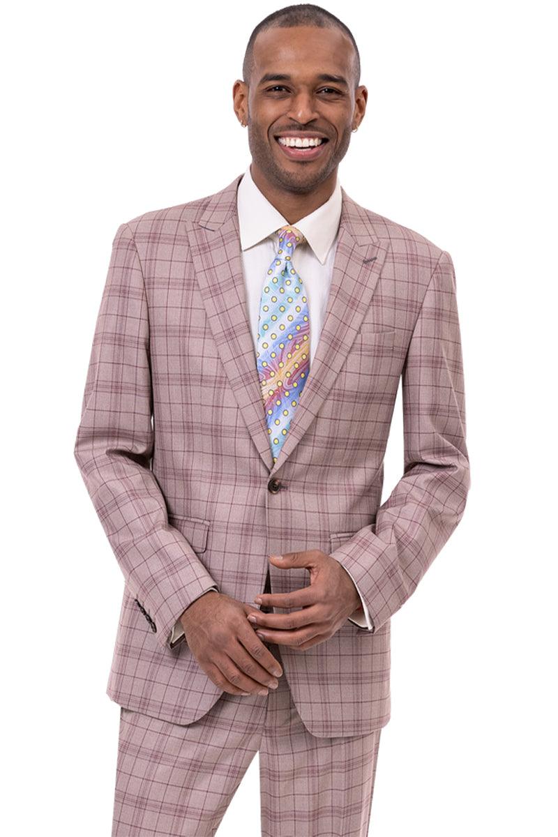 EJ Samuel Men's One-Button Peak Lapel Plaid Suit - Tan Windowpane - Elegant Mensattire