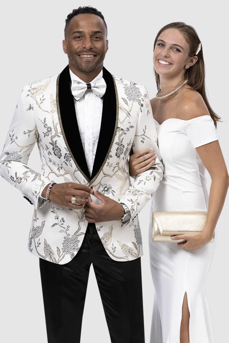 EJ Samuel Men's One Button White & Gold Tree Pattern Tuxedo Jacket for Weddings - Elegant Mensattire