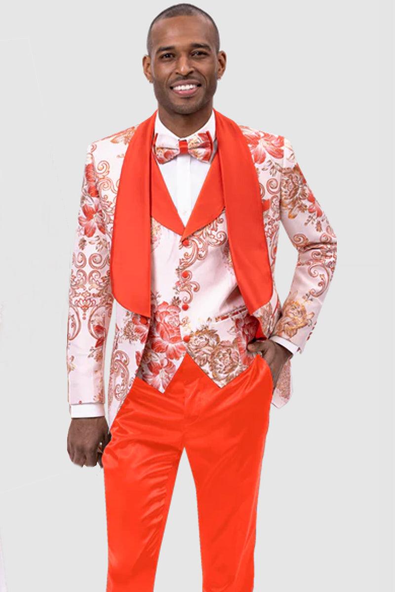 EJ Samuel Men's Orange Paisley Tuxedo with Shawl Lapel and Vested Detail - Elegant Mensattire