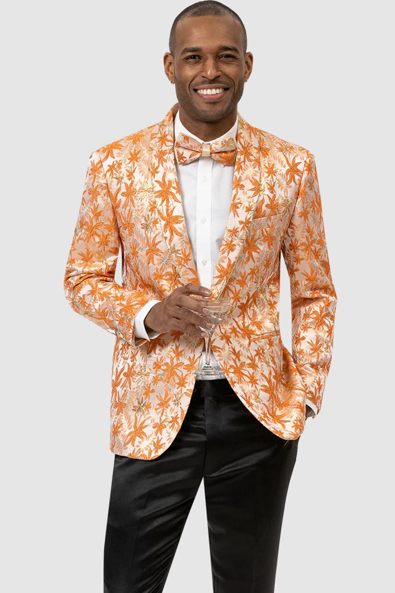 EJ Samuel Men's Orange Shiny Paisley Tuxedo Jacket with Shawl Lapel & One Button - Elegant Mensattire