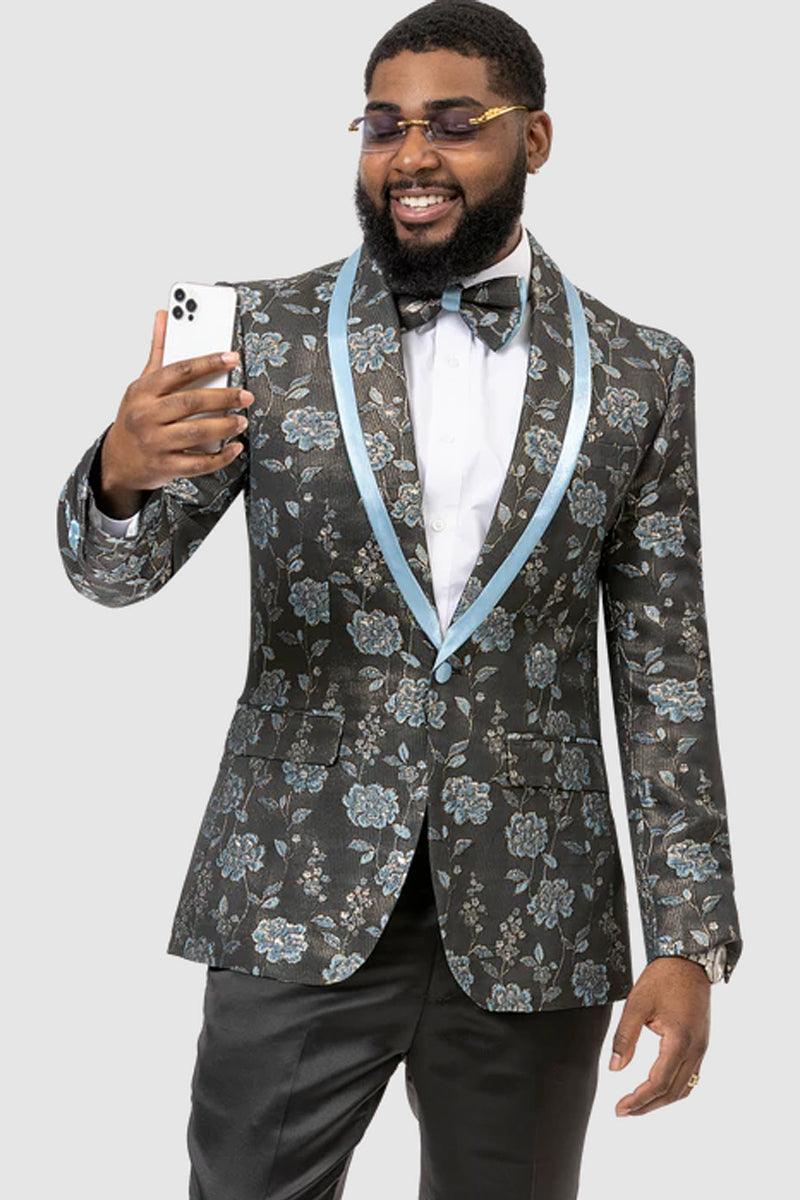 EJ Samuel Men's Paisley Floral Tux Jacket w/Blue Satin Lapel Trim - Elegant Mensattire