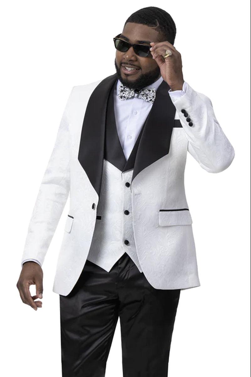 EJ Samuel Men's Paisley Shawl Collar Vested Tuxedo for Prom & Weddings - Black & White - Elegant Mensattire