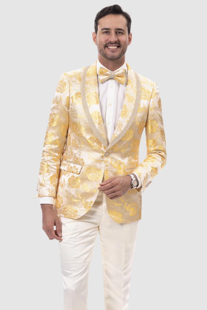 EJ Samuel Men's Paisley Tuxedo Blazer in Yellow Gold Shine - Elegant Mensattire