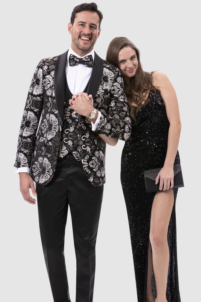 "EJ Samuel Men's Paisley White, Gold & Black Vested Prom Tuxedo" - Elegant Mensattire