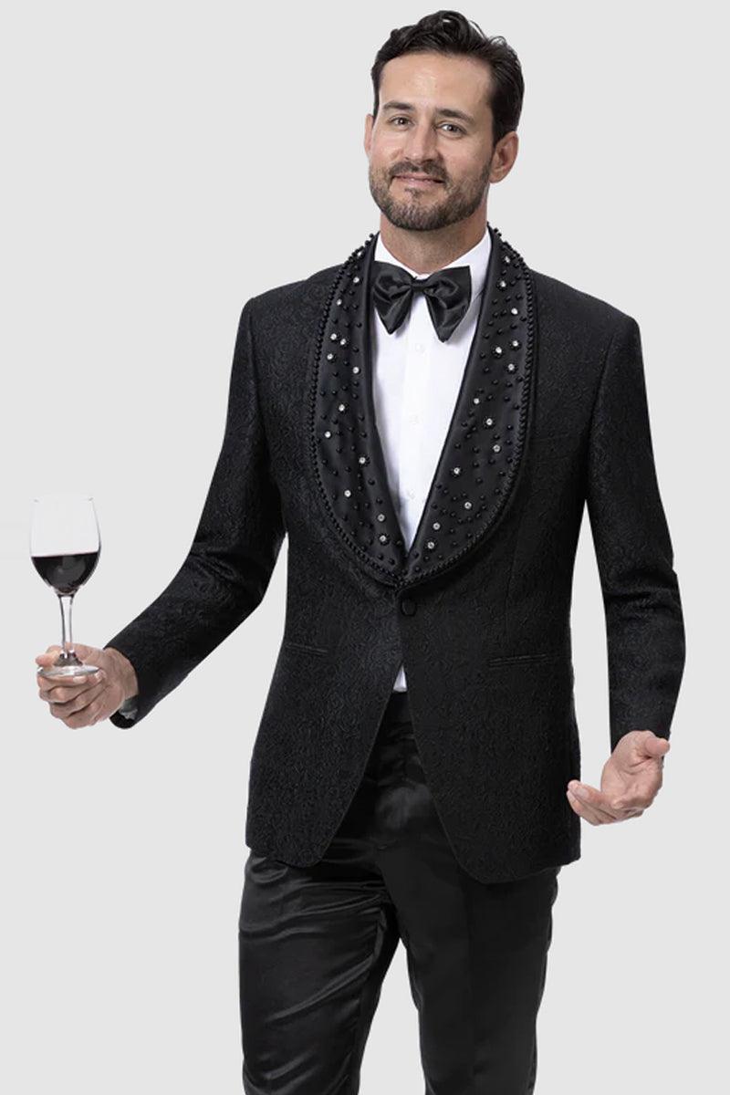 "EJ Samuel Men's Prom Tuxedo Jacket with Paisley Lace & Diamond Lapel - Black" - Elegant Mensattire