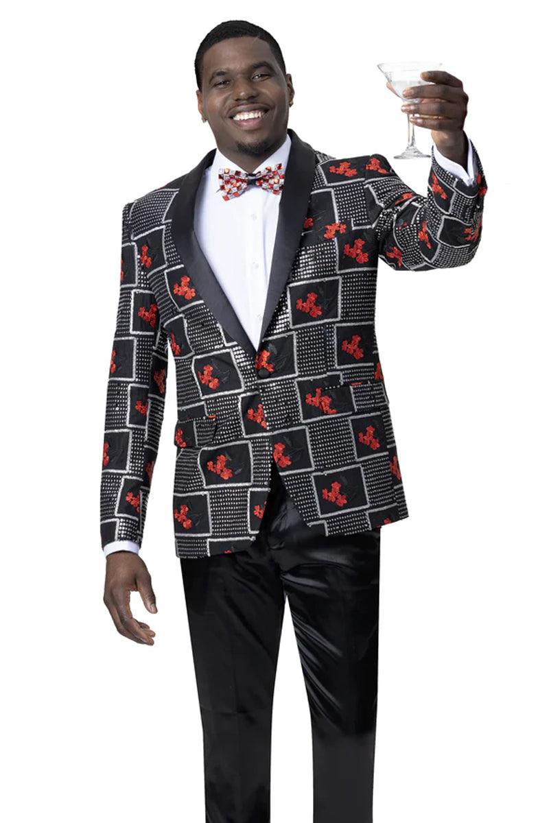 EJ Samuel - Men's Shawl Lapel Tuxedo Jacket in Bold Pattern, Black & Red - Elegant Mensattire