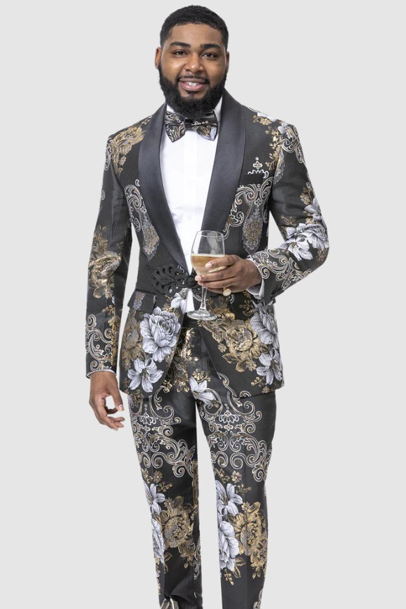 "EJ Samuel Men's Slim-Fit Black & Gold Paisley-Printed Smoking Tuxedo with Black Trim" - Elegant Mensattire