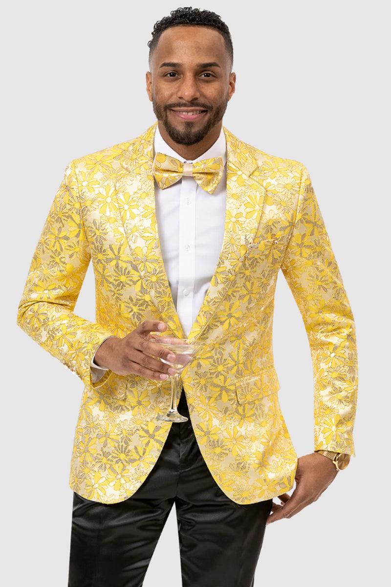 "EJ Samuel Men's Stylish Floral Print Yellow Gold Prom Tuxedo Dinner Jacket" - Elegant Mensattire