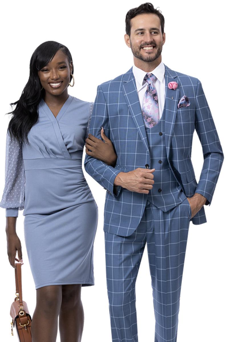 EJ Samuel Men's Teal Blue Vested Windowpane Suit: Refined One-Button Style. - Elegant Mensattire