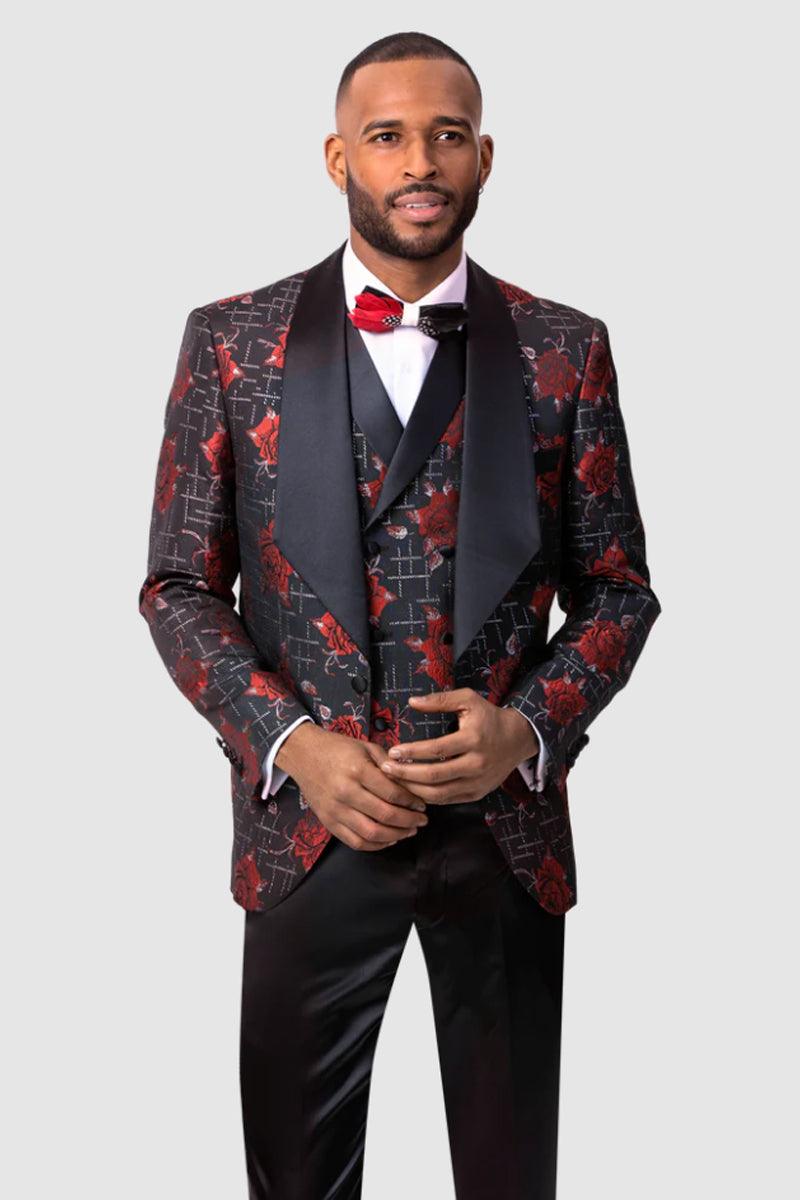 EJ Samuel Men's Vested Tuxedo Blazer w/ Diamond Shawl Lapel & Red Flower Print - Elegant Mensattire