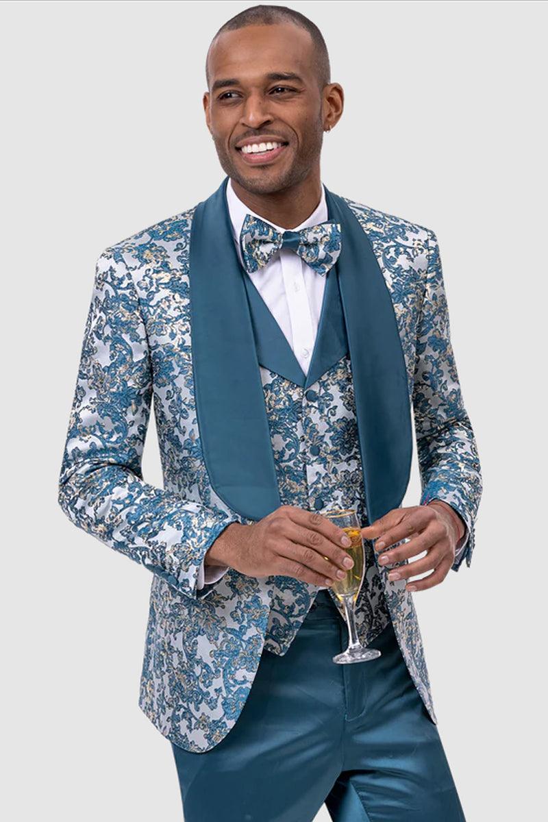 EJ Samuel Men's Vintage Paisley Brocade Slim-Fit Teal Tuxedo w/Vest - Elegant Mensattire