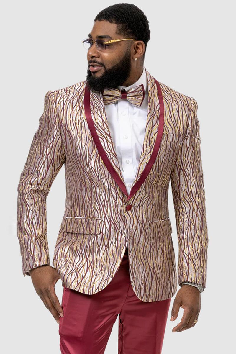 EJ Samuel Mens Wave Tux Blazer - Burgundy & Gold Prom Jacket - Elegant Mensattire