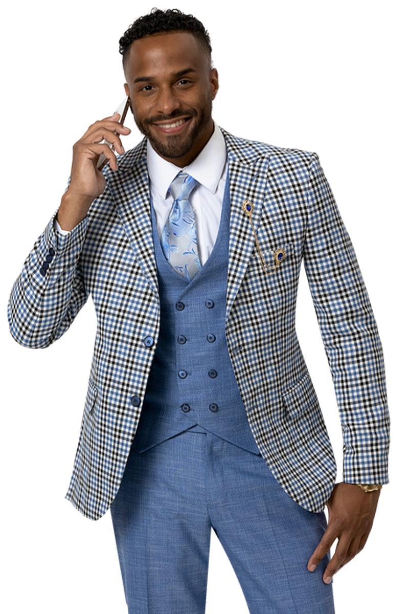 EJ Samuel Modern Fit Blue & Black Windowpane Plaid Check Vest Suit - Elegant Mensattire