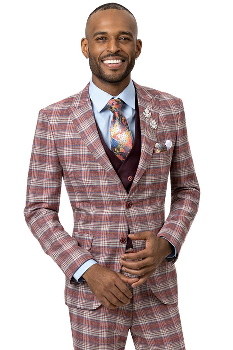 EJ Samuel Modern Fit Double Breasted Vest Suit - Burgundy Windowpane Plaid - Elegant Mensattire