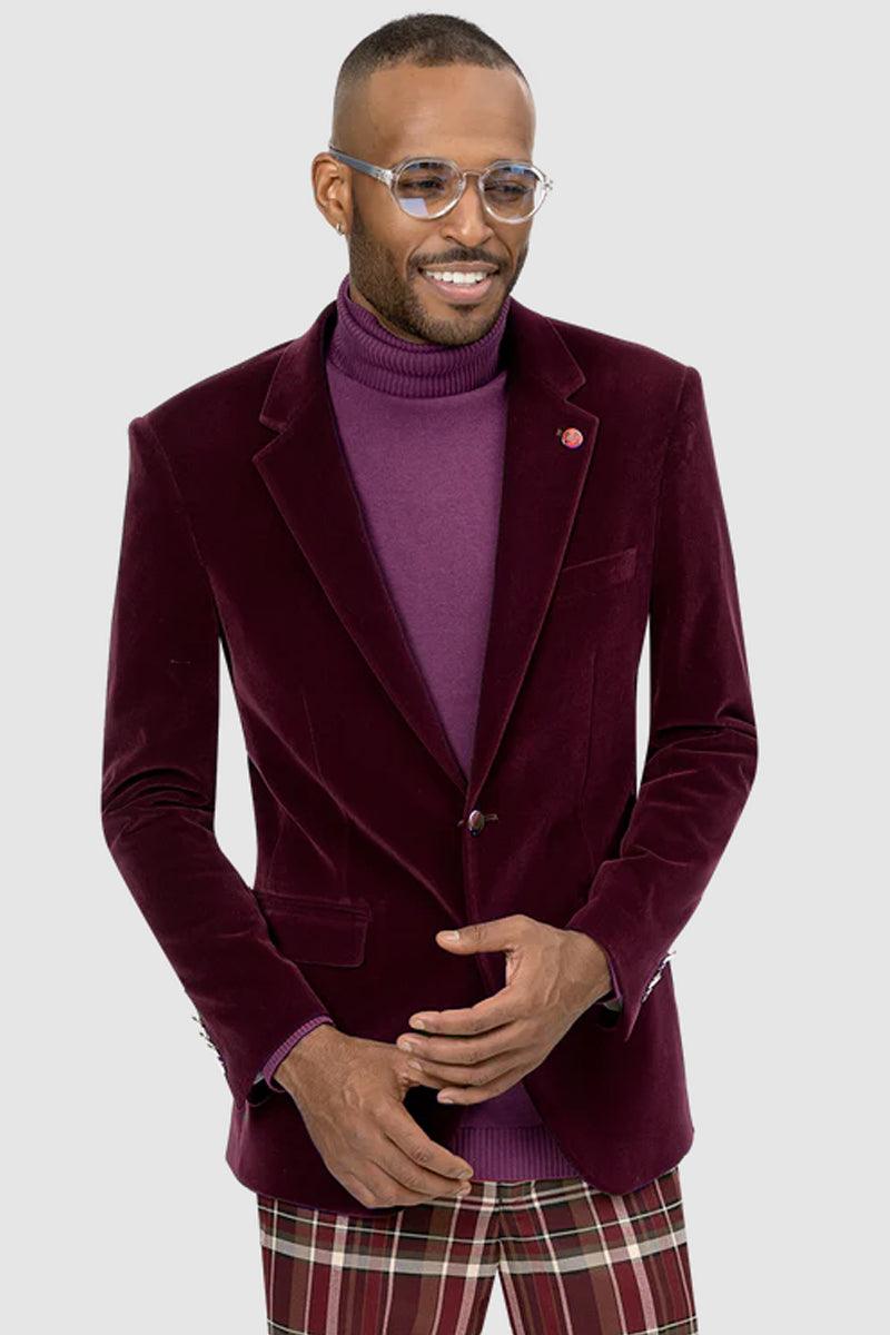 EJ Samuel: Modern Fit Velvet Blazer - Burgundy, 2-Button - Elegant Mensattire