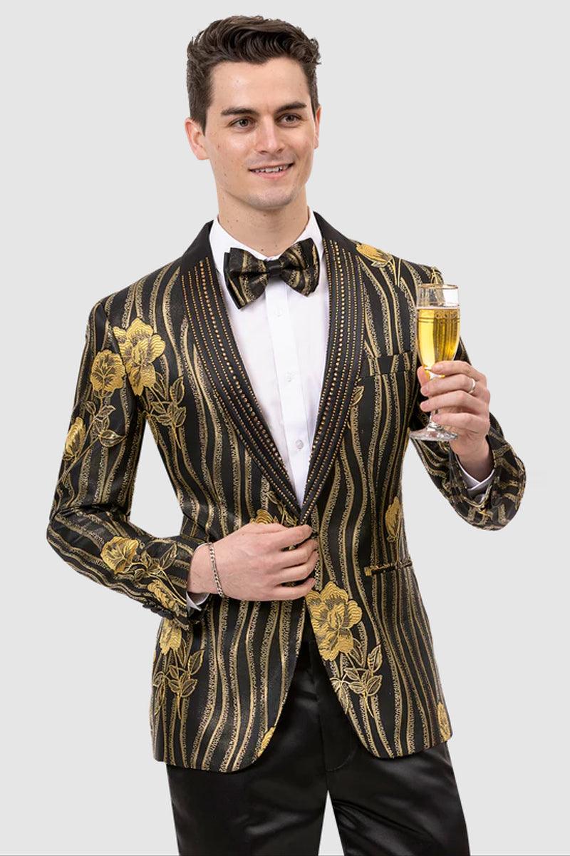 "EJ Samuel Modern Floral & Wave Tuxedo in Black & Gold" - Elegant Mensattire