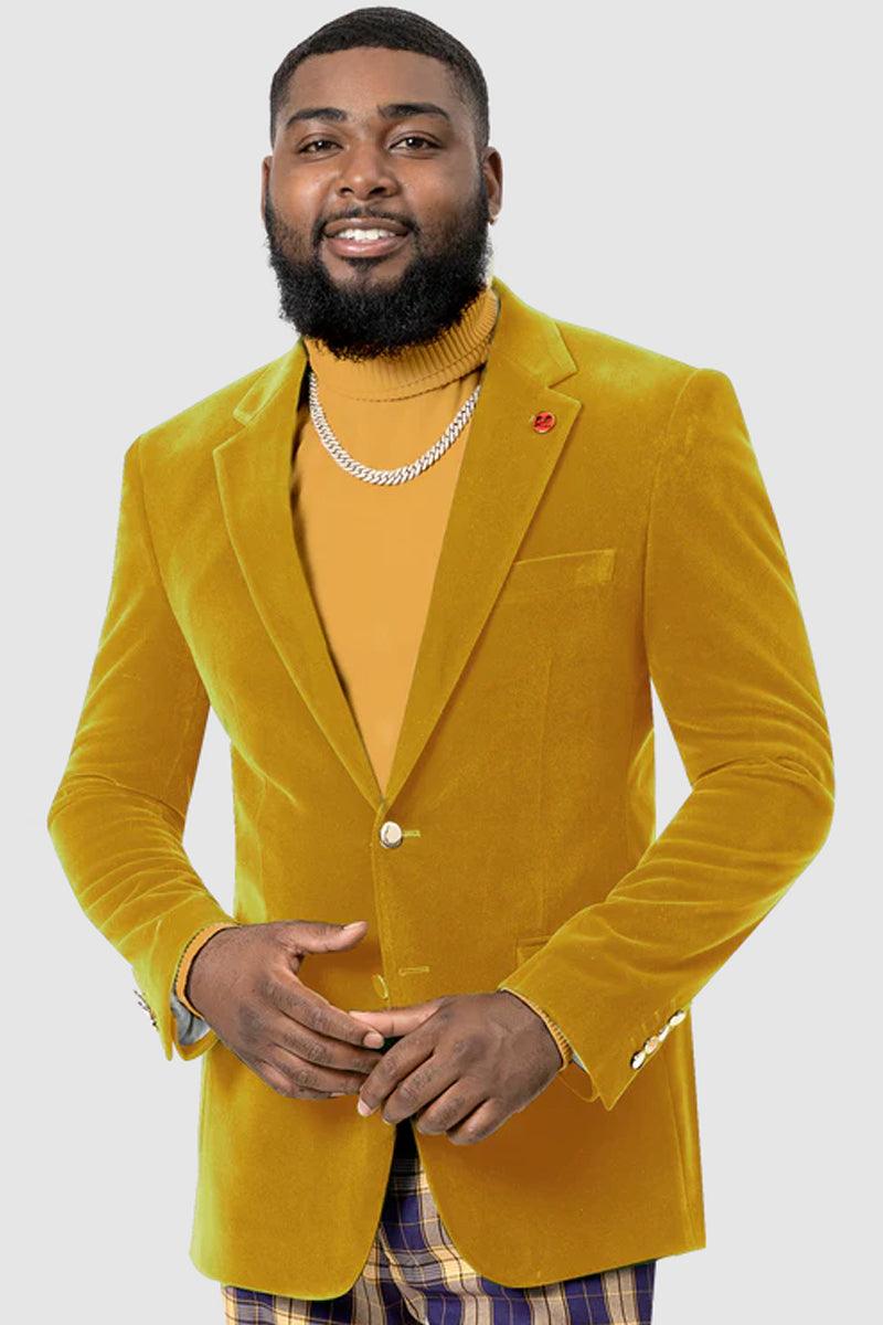 "EJ Samuel Mustard Velvet Blazer: Modern Fit, 2-Button Look" - Elegant Mensattire