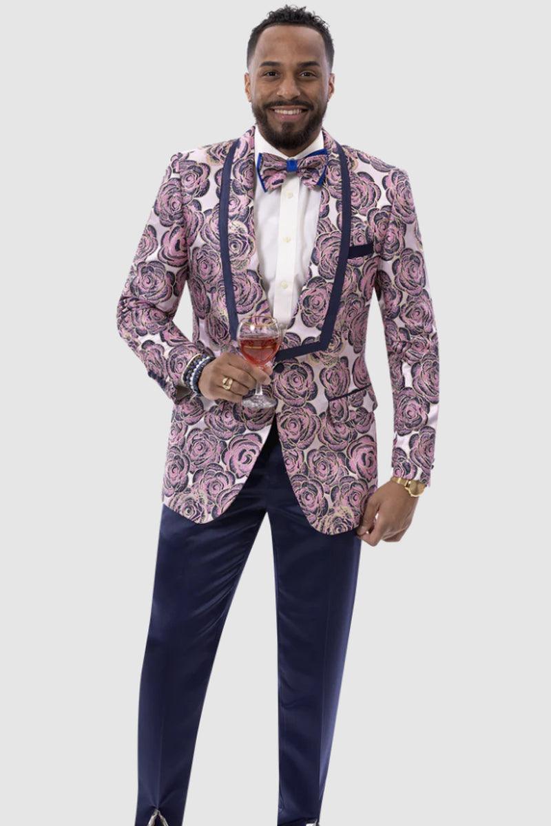 EJ Samuel Navy & Pink Paisley Floral One-Button Tux Jacket - Elegant Mensattire