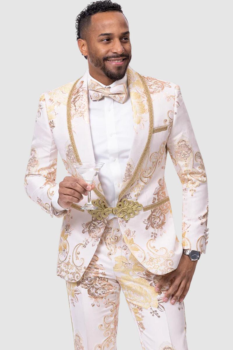 "EJ Samuel Paisley-Print Tuxedo: White & Gold for Weddings & Proms" - Elegant Mensattire