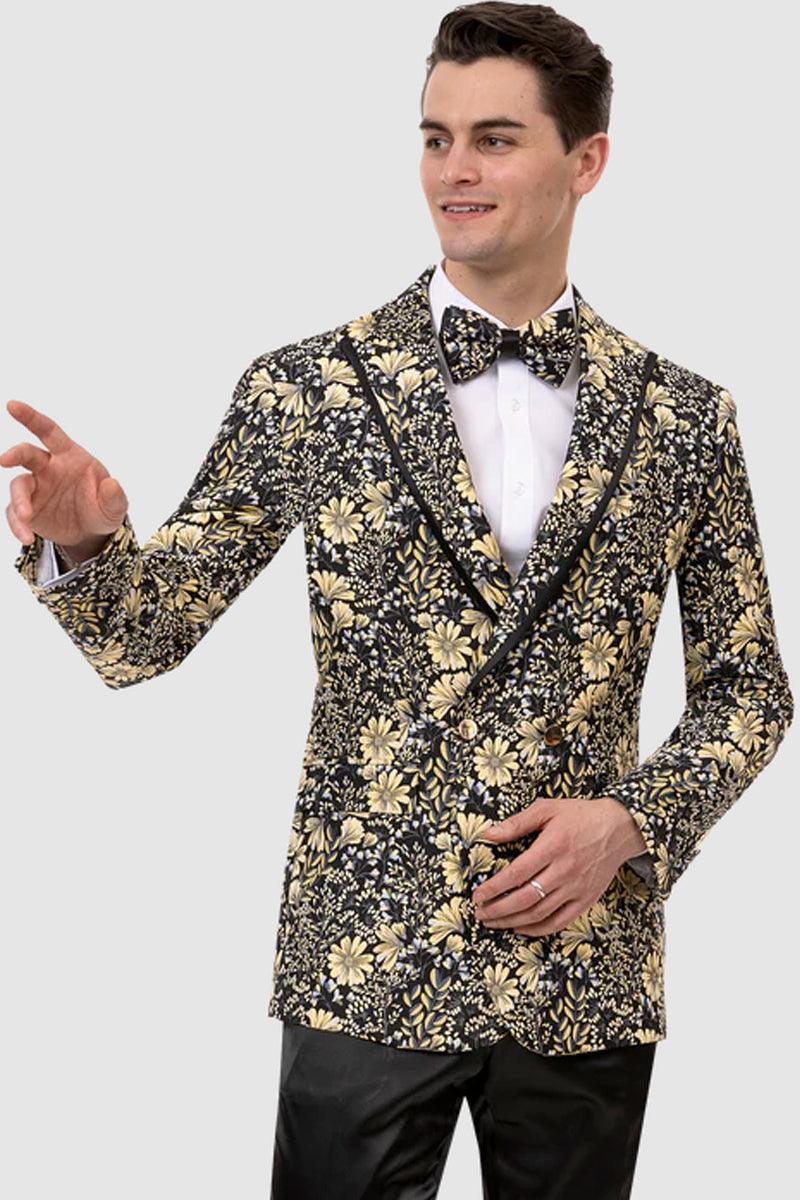 "EJ Samuel Paisley Tuxedo Dinner Jacket: Stylish Black & Gold Blazer" - Elegant Mensattire