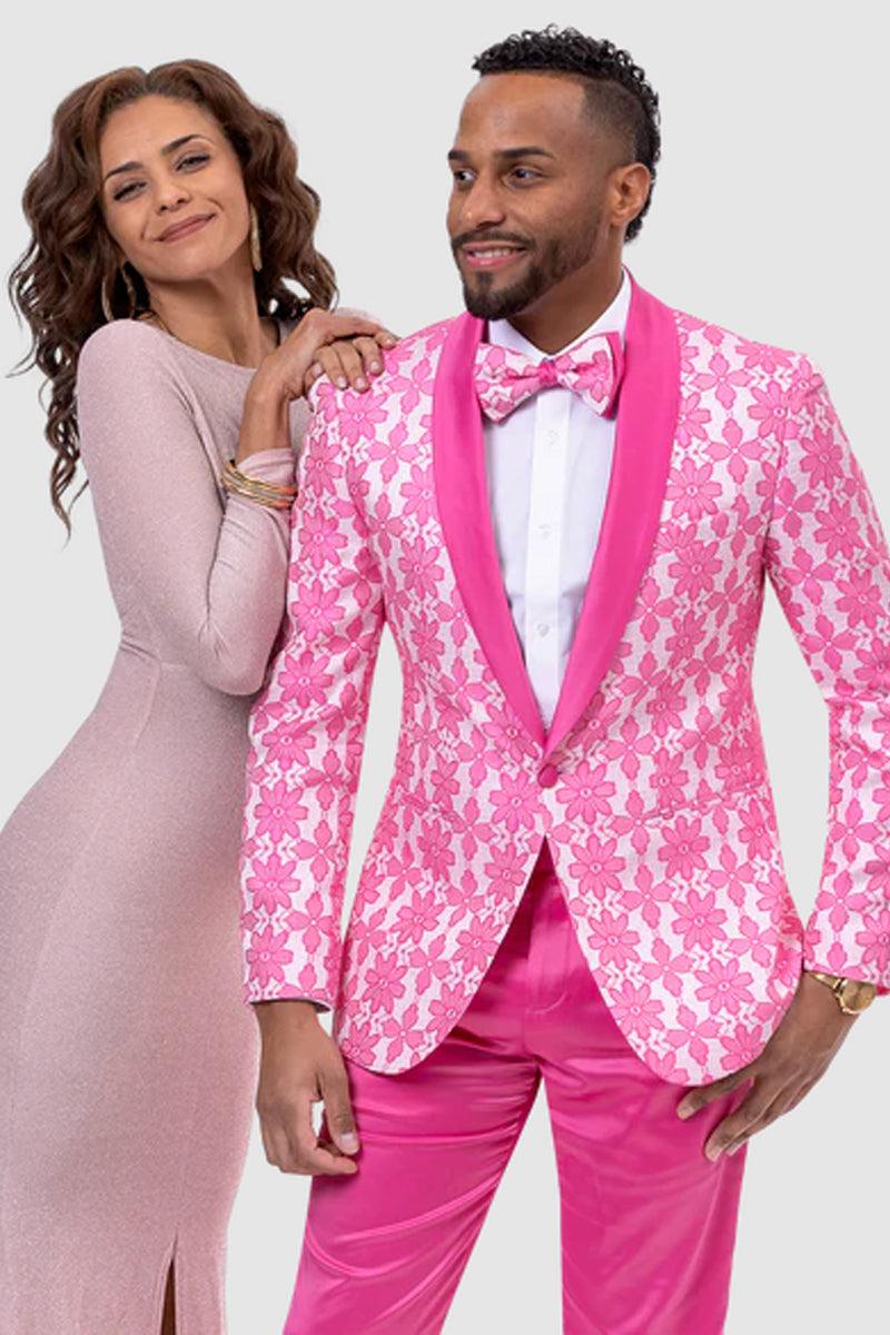 EJ Samuel Prom Tuxedo - Slim Fit Hot Pink Fuschia Floral Lace - Elegant Mensattire