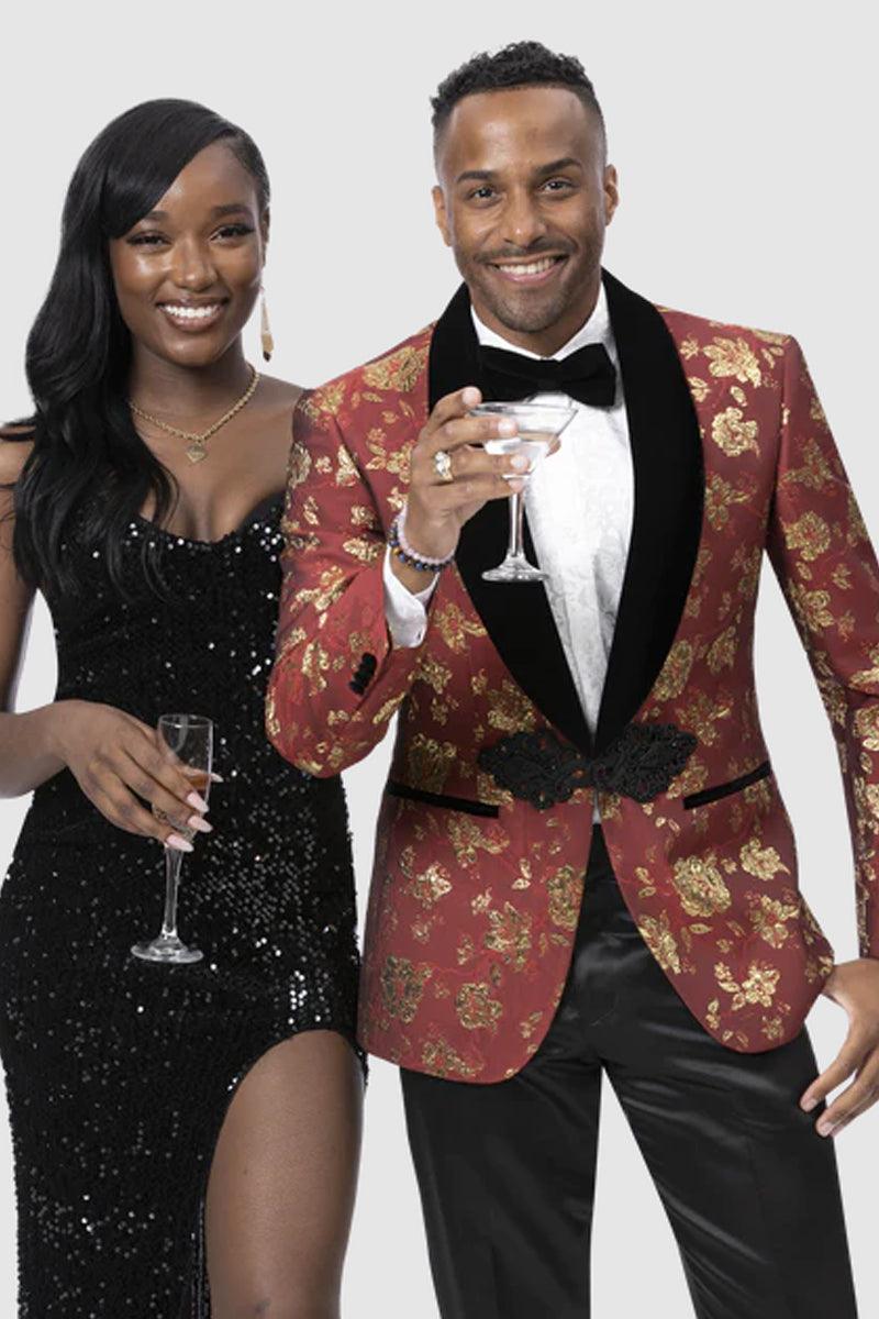 EJ Samuel Red & Gold Paisley Tux Jacket: Luxe Prom Smoking Look - Elegant Mensattire