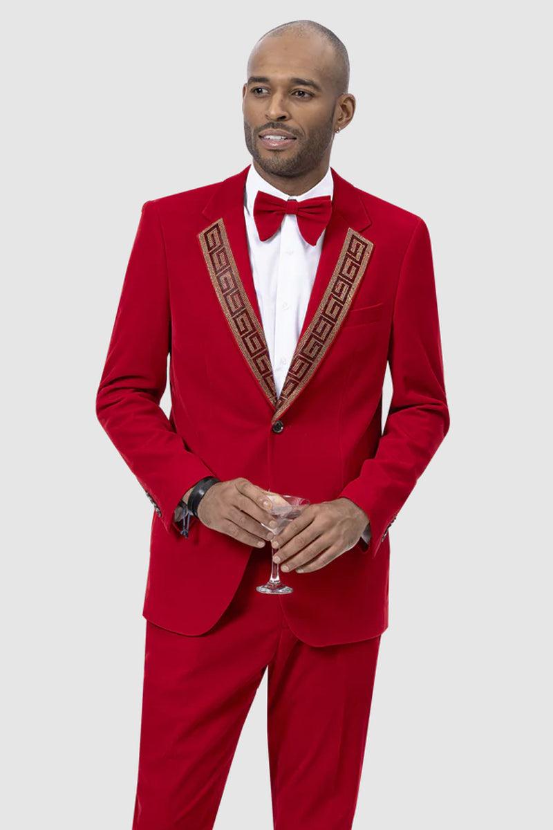 "EJ Samuel Red Velvet Tuxedo Suit with Gold Sequin Lapel - Modern Fit" - Elegant Mensattire