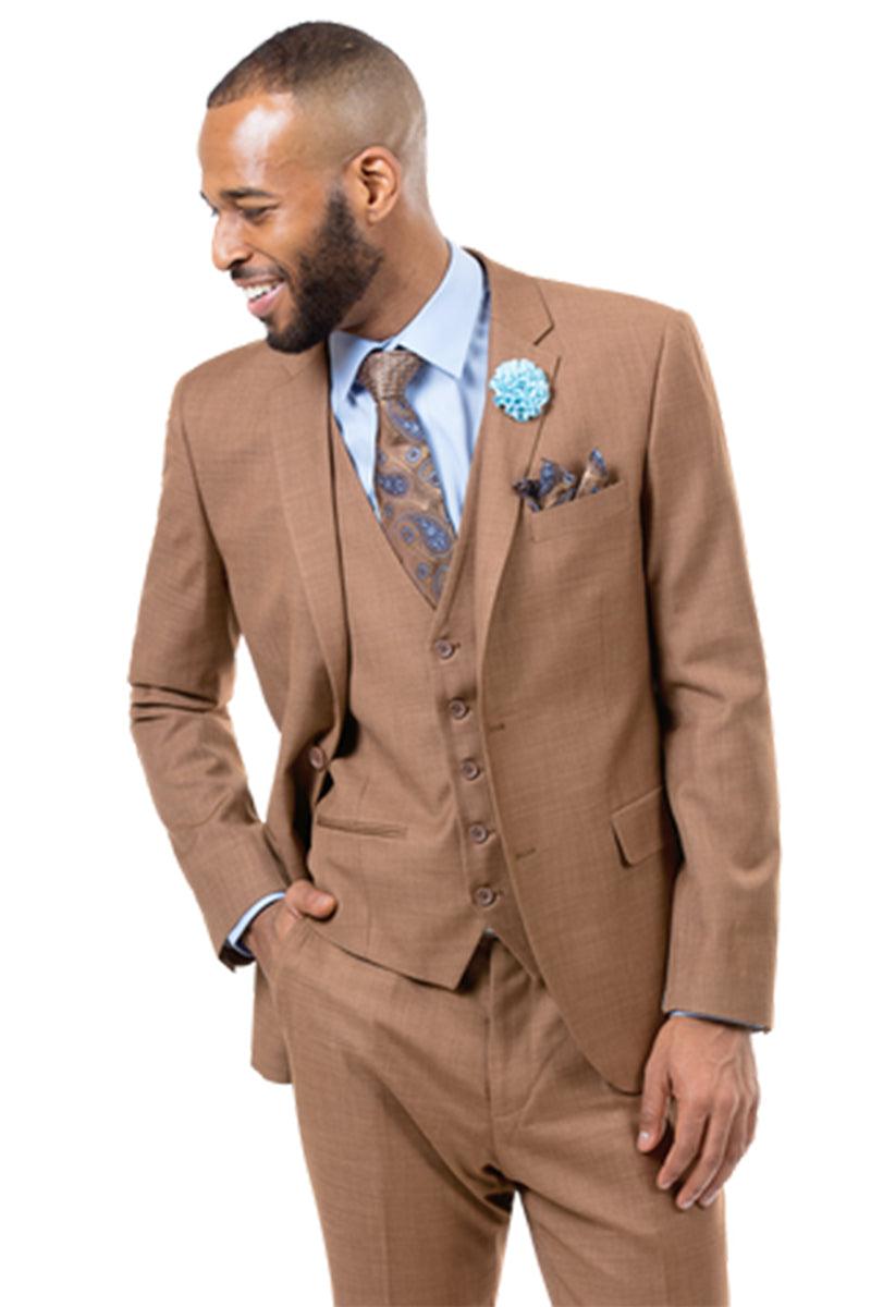 "EJ Samuel Rust Brown Sharkskin Weave Vested 2-Button Suit" - Elegant Mensattire