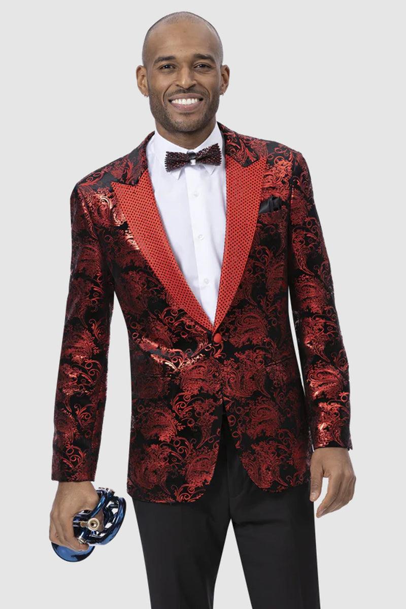 "EJ Samuel's Red Paisley Shark Blazer with Studded Lapel" - Elegant Mensattire