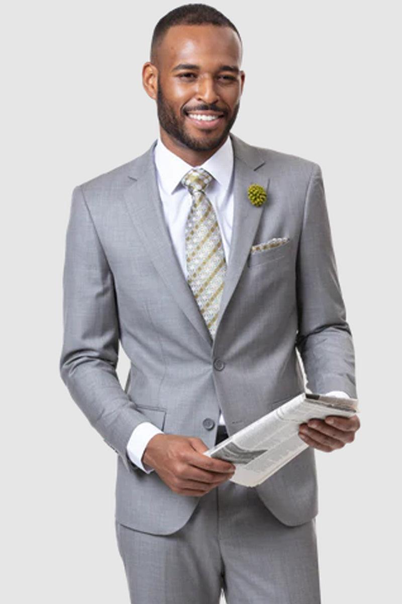 EJ Samuel Sharkskin Light Grey Modern Fit Suit: 2-Button Refinement - Elegant Mensattire