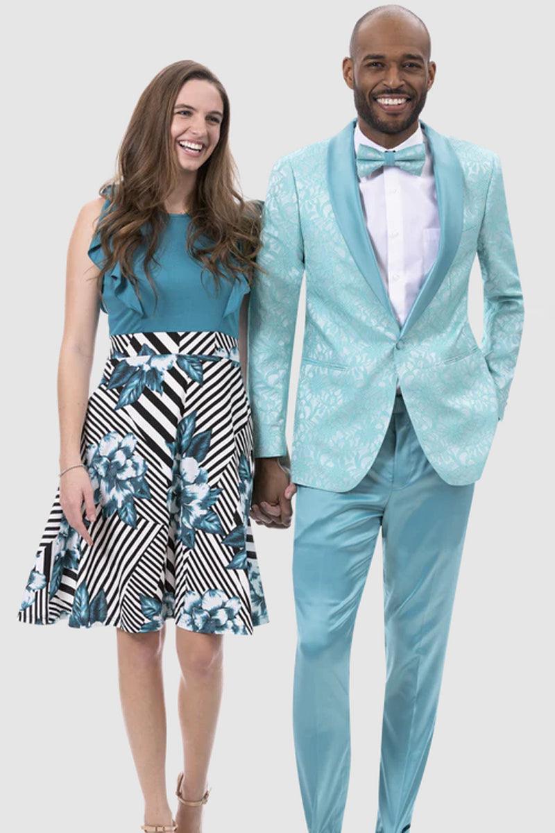 "EJ Samuel Teal Blue Slim Fit Paisley Floral Prom Tuxedo" - Elegant Mensattire