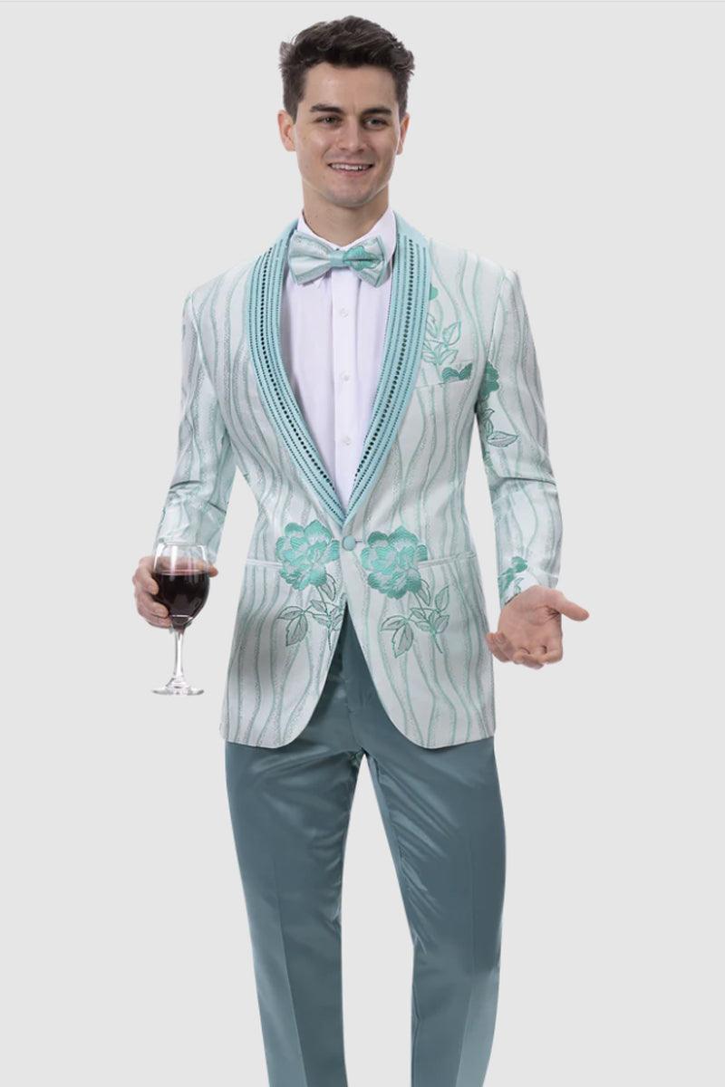 EJ Samuel Teal Prom Tux Jacket: Flower & Wave Pattern w/Stud Lapel - Elegant Mensattire